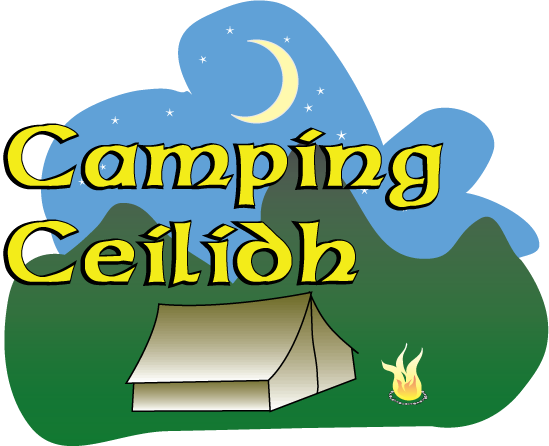 camping ceilidh logo with cartoon tent and fire